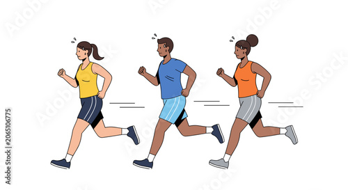 Three Women Running Sprint Race on Track in Athletic Clothing Vector Illustration