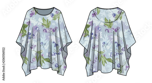 Elegant Ladies Fashionable Floral Pattern Poncho Tunic Technical Illustration with Watercolor Flower Prints