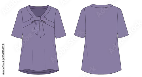 Elegant Purple Women's Blouse with V-Neck and Bow Detail Technical Fashion Flat Sketch Front and Back