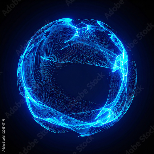 Neon blue energy sphere made of particles and flowing waves, glowing magical abstract round shape, futuristic light effects, dark background.