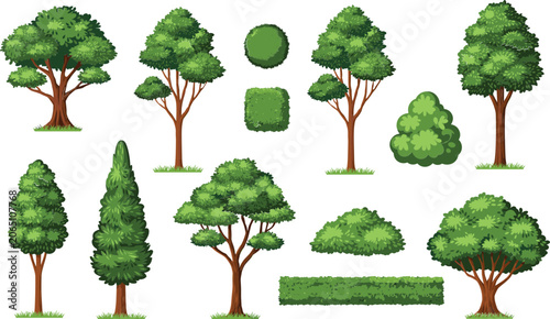 Konstfotografi Green tree and shrub collection set, landscaping nature vector illustration for