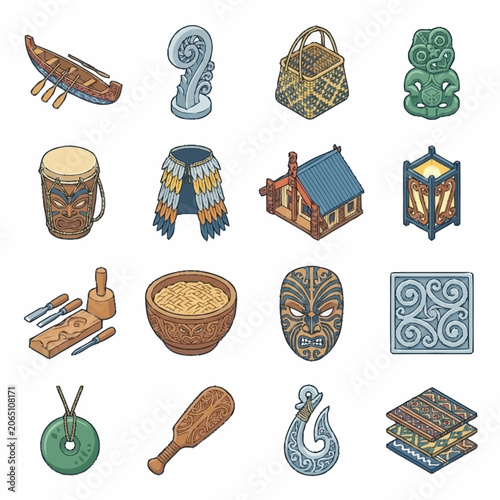 Photos Collection of Maori cultural artifacts and symbols, including a waka, carving tools, and traditional clothing