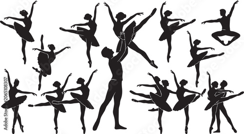 Tableau sur toile Ballet dancers in dynamic poses against a white background conveying grace and m