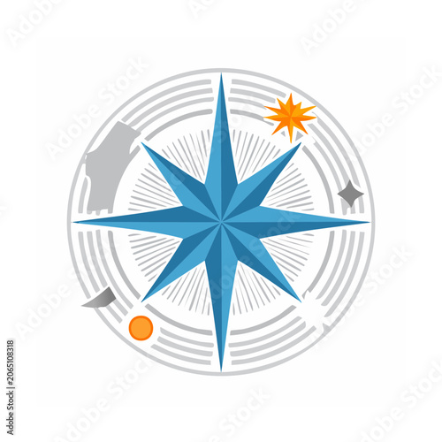 Flat design compass rose icon with directional arrows