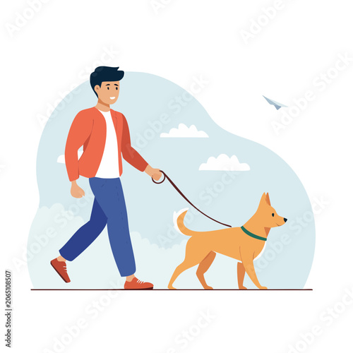 Man walking a dog on a leash in a park