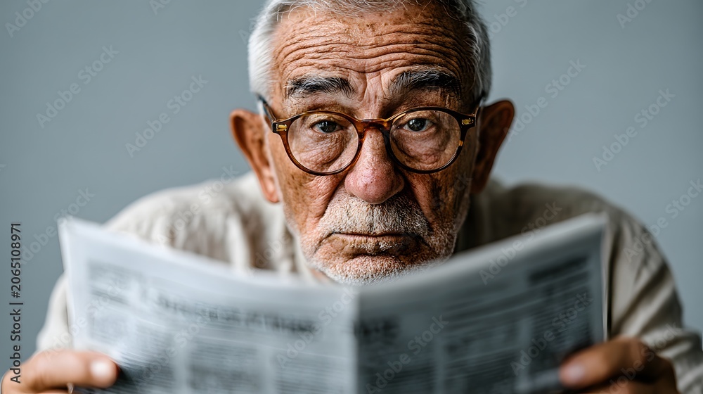 Naklejka premium Close-up of senior reading newspaper, thoughtful and attentive