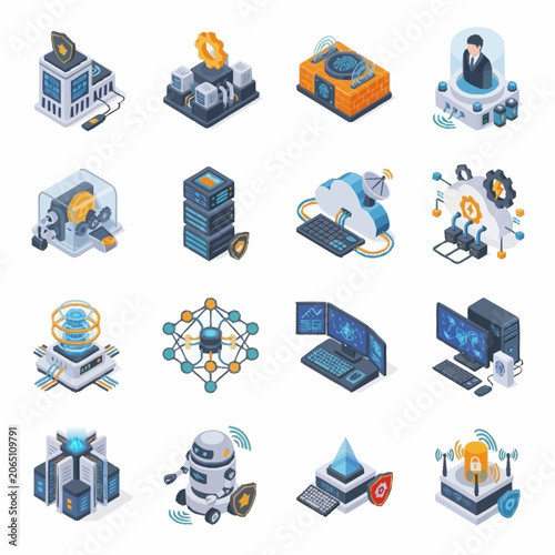 Isometric icons set of data security, network protection, and cloud computing infrastructure with various digital elements.