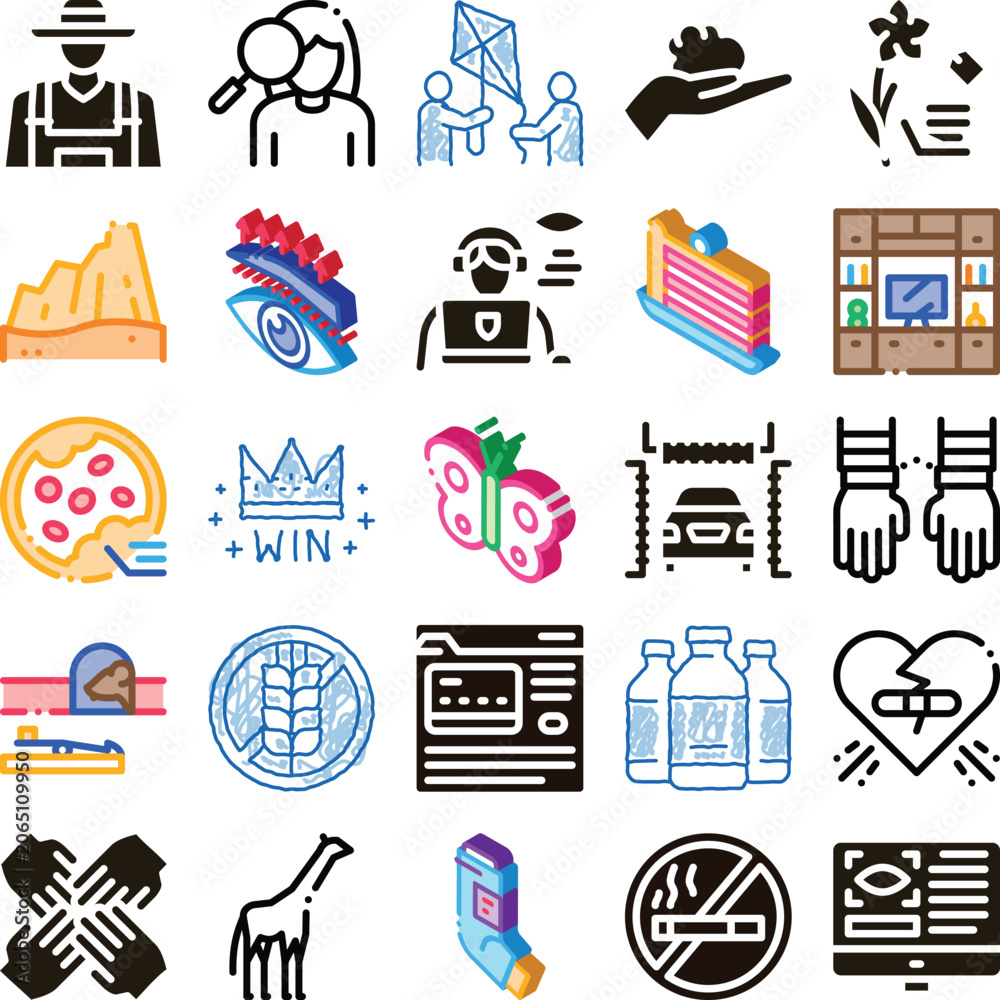 Fototapeta premium Icons illustrating various aspects of human life including farmer work, personal search, teamwork, environmental care, health issues, celebration, animal welfare, and digital information management