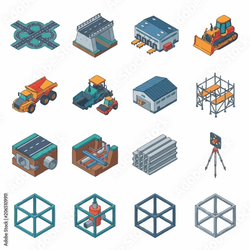 Isometric construction site elements set with road building industrial equipment and materials.