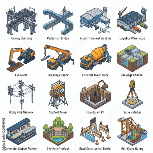 Isometric illustrations of various infrastructure and construction elements including buildings, vehicles, and urban structures.