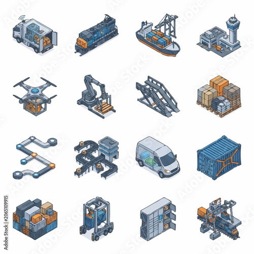 Isometric logistics and delivery icons set, illustrating various transportation methods and warehouse operations for global supply chain management.