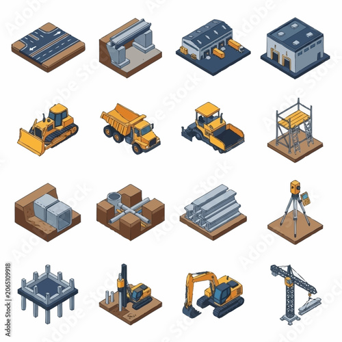 Isometric construction site elements set with industrial machinery and building materials.