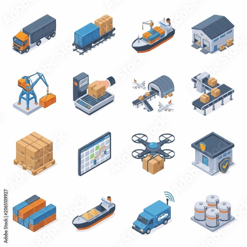 Isometric logistics and delivery icons set with various transport and warehouse elements.