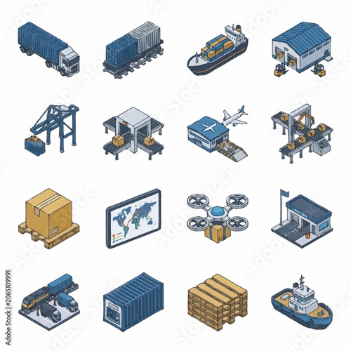 Isometric Logistics and Delivery Icons Set: Truck, Train, Ship, Warehouse, Crane, Conveyor, Airport, Factory, Package, Global Map, Drone, Customs, Cargo, Container, Pallets, Tugboat.