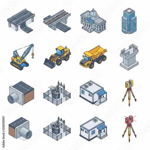 Isometric construction and infrastructure icons, including bridges, buildings, vehicles, and equipment, on a white background.