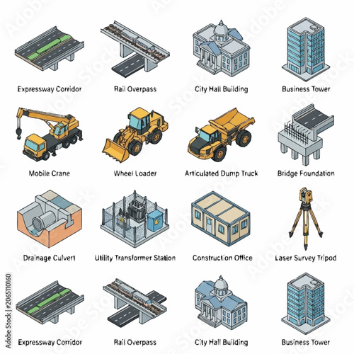Isometric Icons of City Infrastructure and Construction Vehicles.