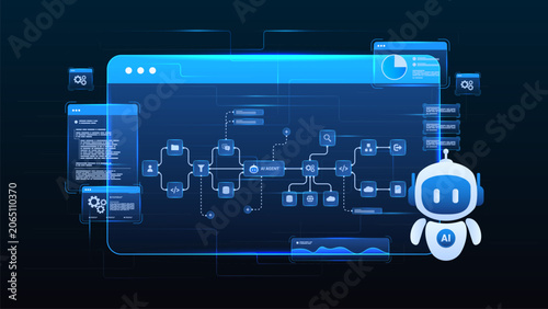 AI agentic workflow automation diagram dashboard machine learning with flow process, coding, and processing system.