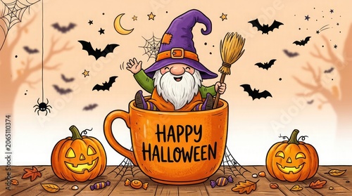 Happy halloween day celebration with a gnome in a mug