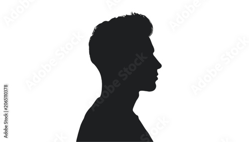 Young man appears as a dark silhouette facing right against a stark white backdrop for versatility.