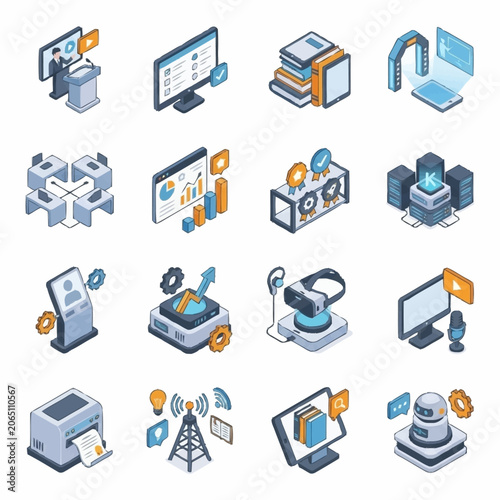 Isometric icons depicting various aspects of modern technology and digital services, including data management, virtual reality, and communication networks.
