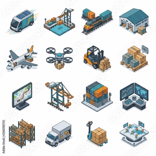 A collection of isometric illustrations depicting various aspects of logistics, shipping, and supply chain management.