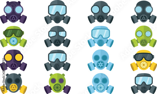 Fényképezés Gas mask vector flat illustration collection set with various tactical respirato