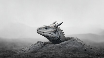 Grey-scale reptile emerging from ground. Detailed scales and spikes visible. Mountains in background