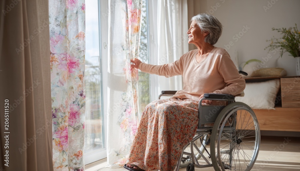 Obraz premium Happy senior woman in wheelchair opening curtains at home