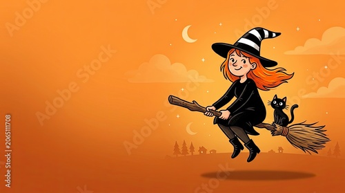 Halloween day celebration young witch flying on broom with black cat orange spooky background