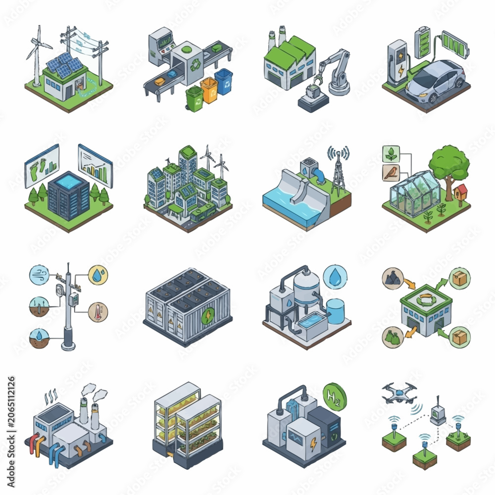 Fototapeta premium Isometric icons set of smart city, green energy, recycling, and sustainable technology concepts.