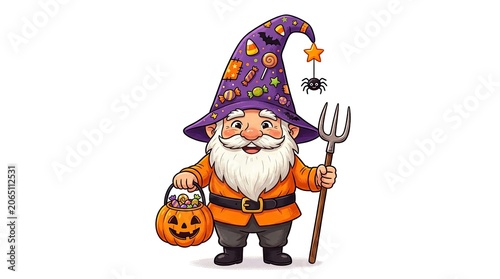 Halloween day celebration with a smiling gnome in orange and purple costume holding a pumpkin bucket and pitchfork