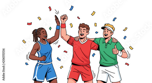 Tableau sur toile Three Friends Celebrating Together With Confetti.