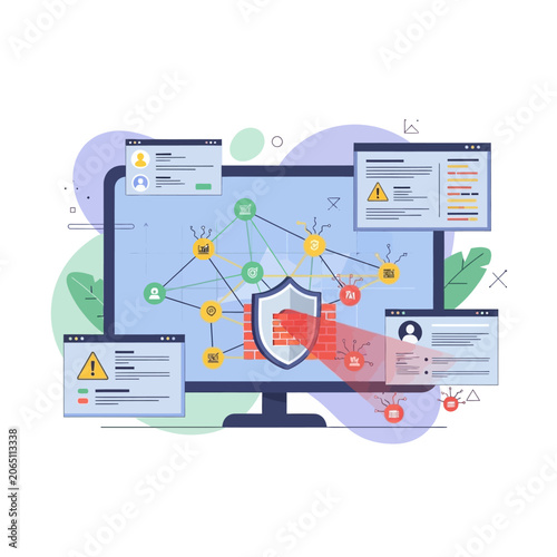 Cybersecurity and Network Firewall Protection Concept Illustration