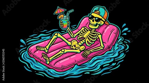 Halloween day celebration a relaxing skeleton on a pink floatie