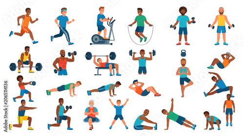 Konstfotografi Cartoon Flat Fitness Character Collection with Men Performing Gym and Exercise A