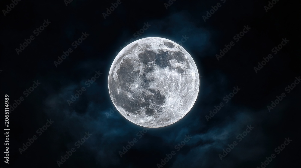 Fototapeta premium planetarium. A full moon glowing brightly against the dark night sky with crisp details. travel magazines, destination branding, designed for travel destination branding.