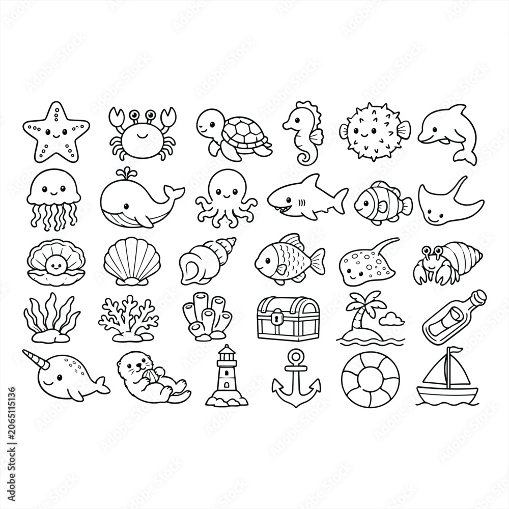 Fototapeta premium Collection of Hand Drawn Sea Life and Ocean Theme Doodles for Coloring Pages and Nautical Design Elements