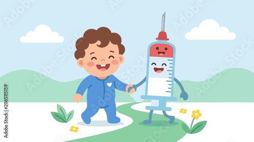 a cartoon boy and a cartoon syringe walking together on a path.