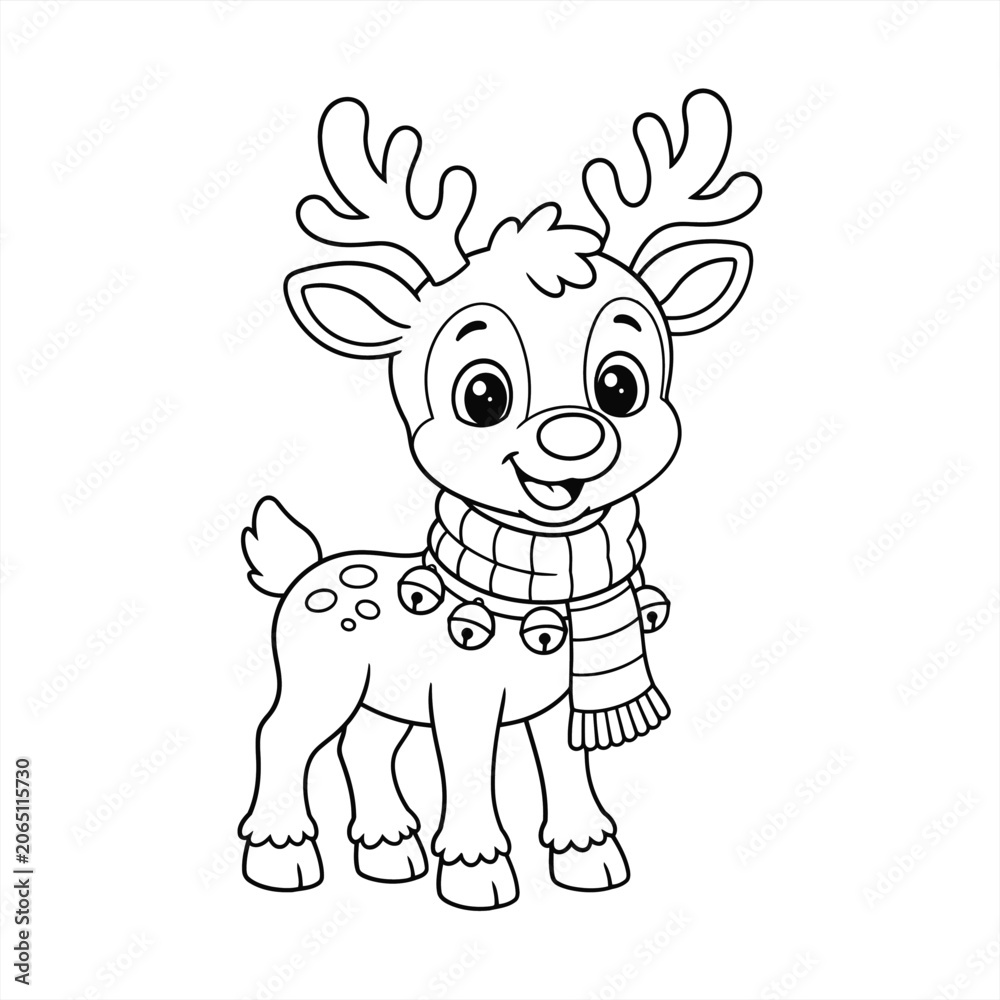 Obraz premium A smiling reindeer wearing a scarf and bells stands on a plain background.