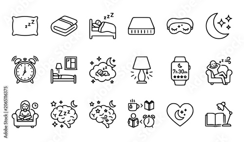 Canvas Print Comfort Sleep Outline Icons Vector Set with Pillow Blanket and Bedding Symbols