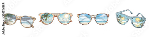 Set of isolated Colorful sunglasses with vacation scenery reflected in lenses  