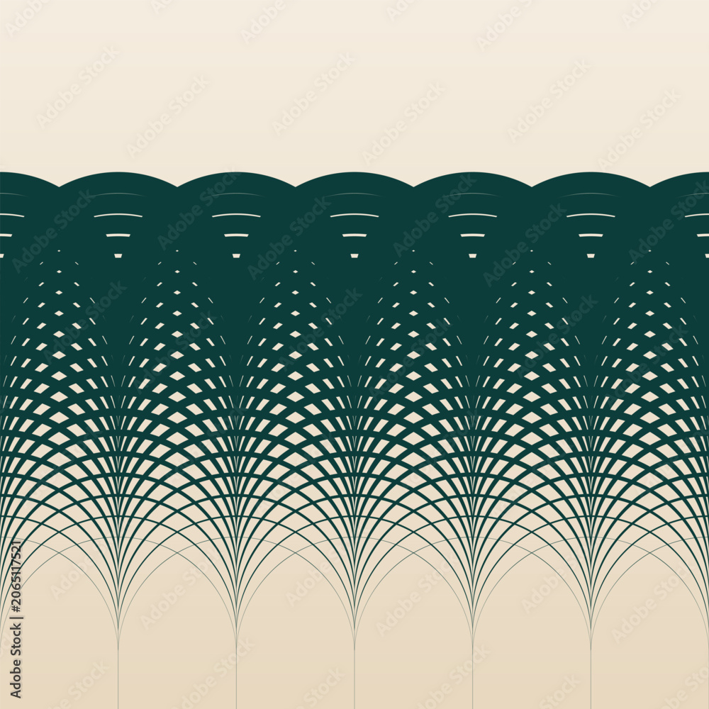 Naklejka premium Repeating op-art vector pattern of arched moiré curves converging at multiple points, transitioning from solid scalloped dark green arches into a fine arching mesh on a cream background.