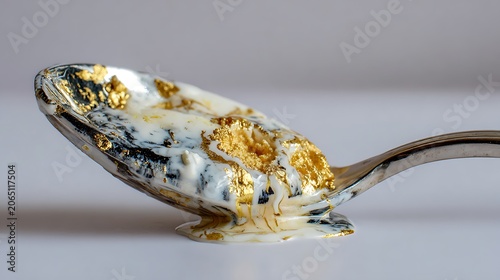 A spoonful of creamy yogurt topped with edible gold flakes.