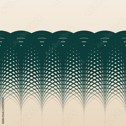 Repeating op-art vector pattern of arched moiré curves converging at multiple points, transitioning from solid scalloped dark green arches into a fine arching mesh on a cream background.