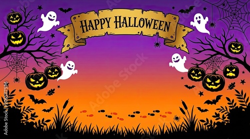 Happy halloween day celebration background with spooky pumpkins ghosts and bats