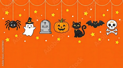 Halloween day celebration with spooky cartoon characters and symbols