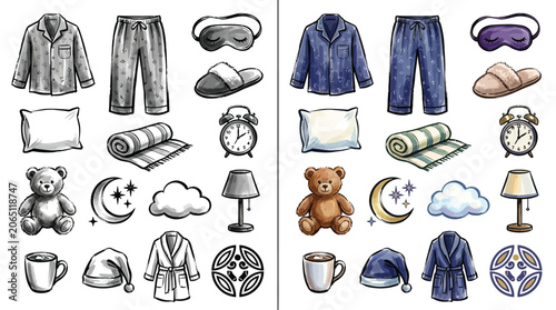 Foto Collection of bedtime and sleep-related items in two styles: black and white sketch and colorful watercolor illustration