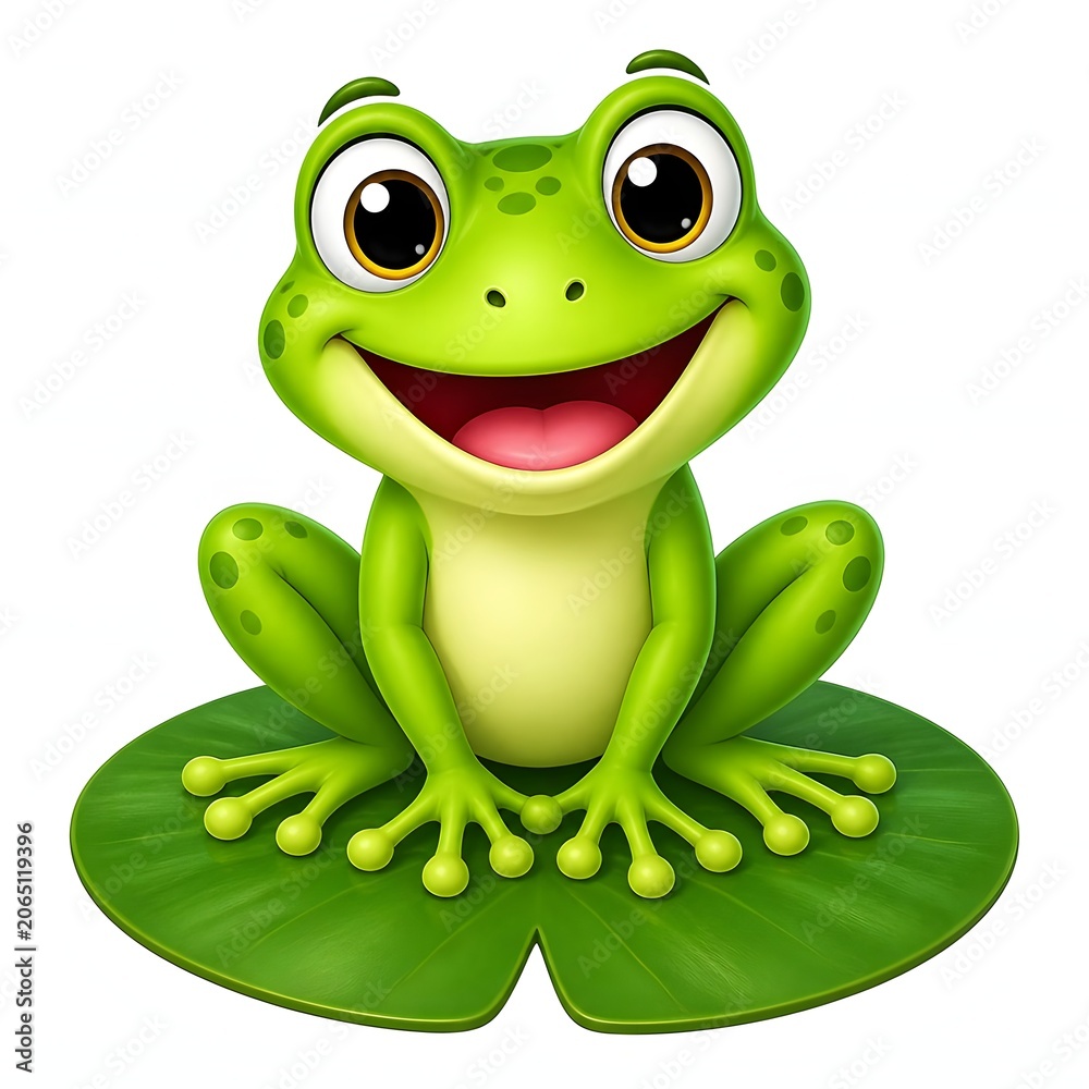 Fototapeta premium Cute cartoon frog sitting on a lily pad with a happy expression