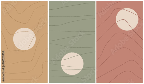 Earthy organic minimal topographic lines and sun shapes vector background set, striped landscape neutral mid tones vertical poster collection
