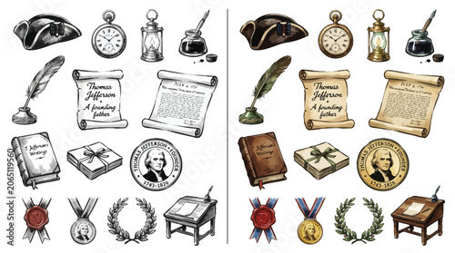 Canvastavla Collection of historical American Revolution and founding father symbols, including documents, writing tools, and medals